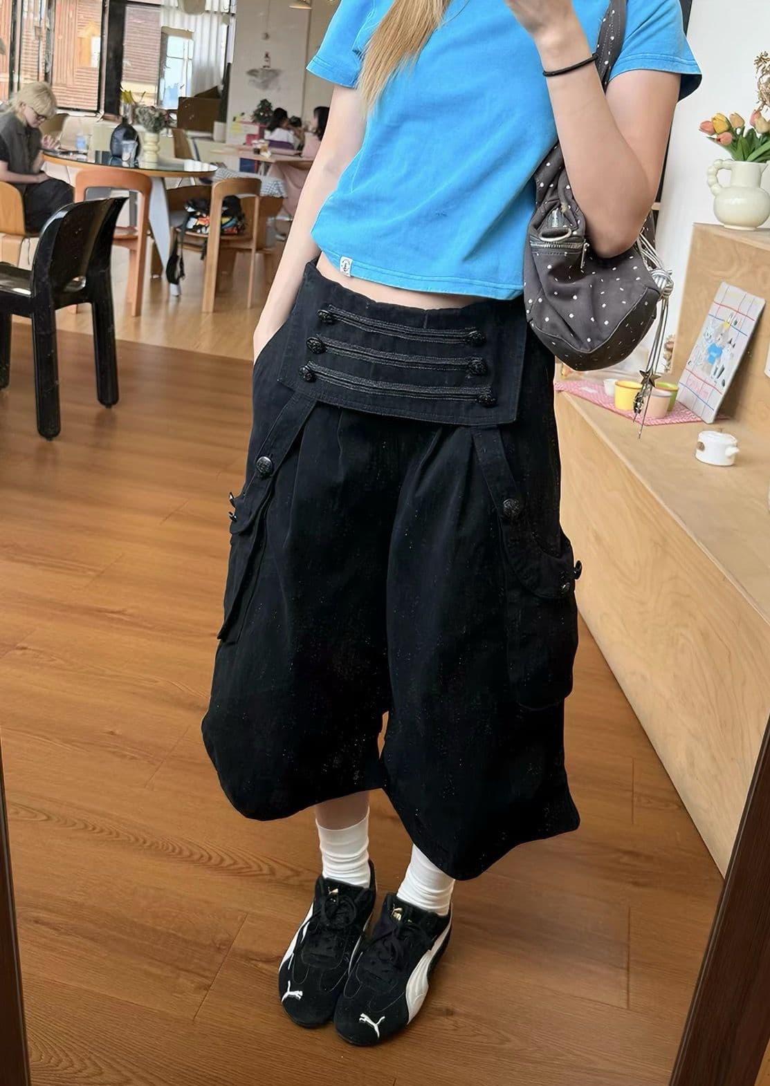 아메리칸 레트로 궁정 바람 뒤집다 허리 디자인 워크웨어 7부 바지 여성 여름 넓은 다리 작은 대중 기타 주머니 반바지 상세 이미지 5