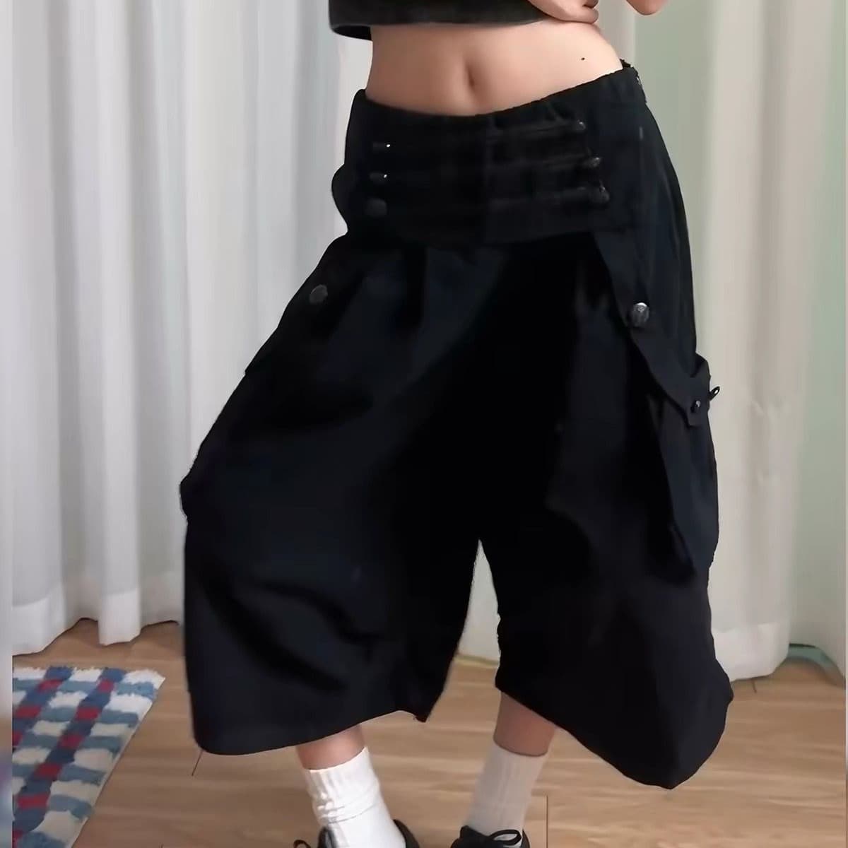 아메리칸 핫걸 검정색 캐주얼 넓은 다리 7부 바지 여성 여름 얇은 스타일 디자인 센스 루즈핏 워크웨어 데님 짧은 바지 이미지 5