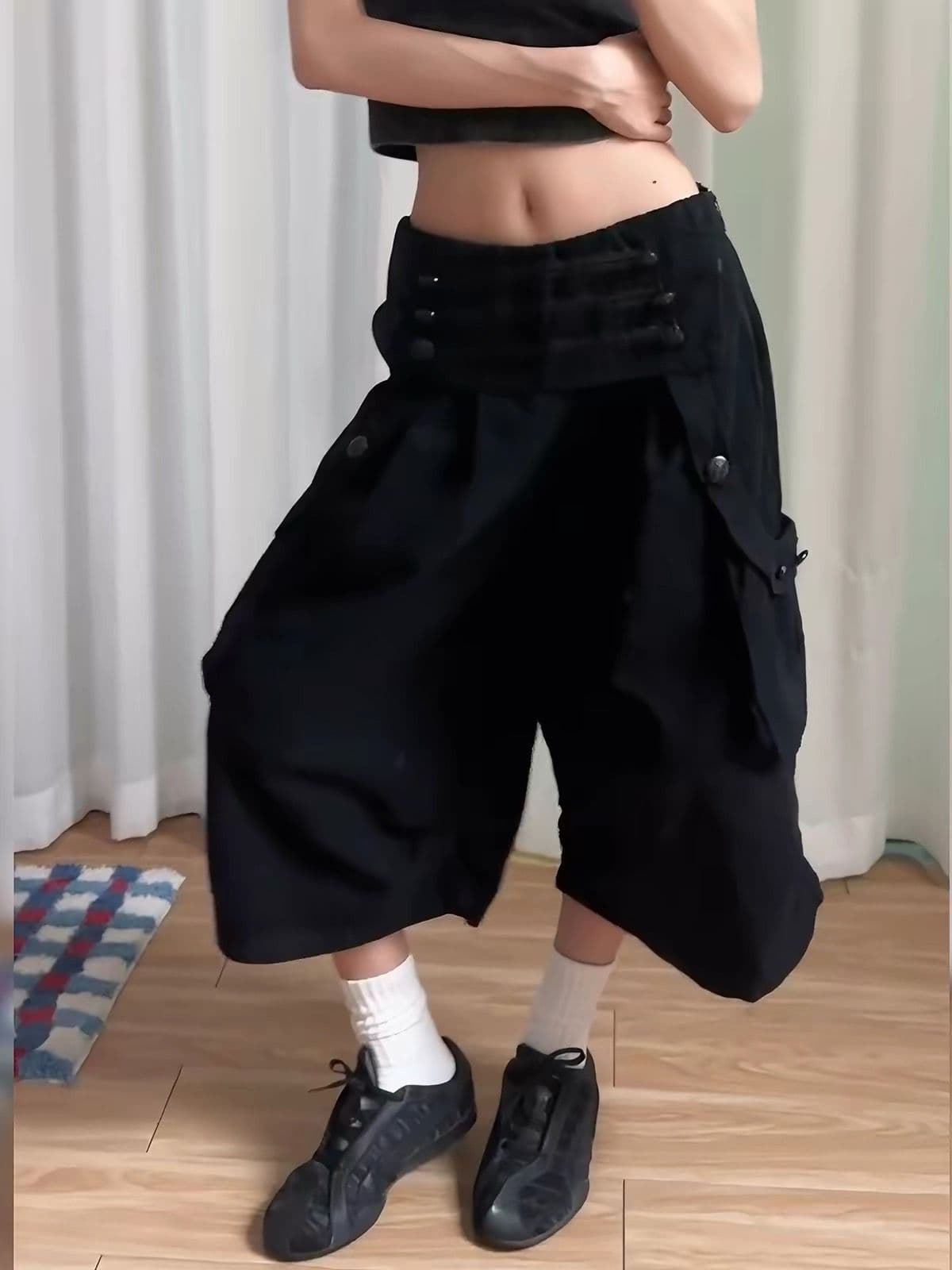 아메리칸 핫걸 검정색 캐주얼 넓은 다리 7부 바지 여성 여름 얇은 스타일 디자인 센스 루즈핏 워크웨어 데님 짧은 바지 상세 이미지 4