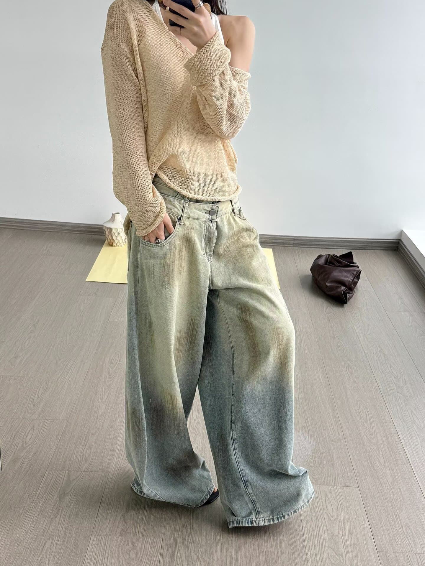 아메리칸 데님 바쁜 레트로 홀치기 염색 마 오래된 스트레이트 청바지 남녀 가을 높음 거리 루즈핏 캐주얼 슬림해 보이는 긴 바지 상세 이미지 7