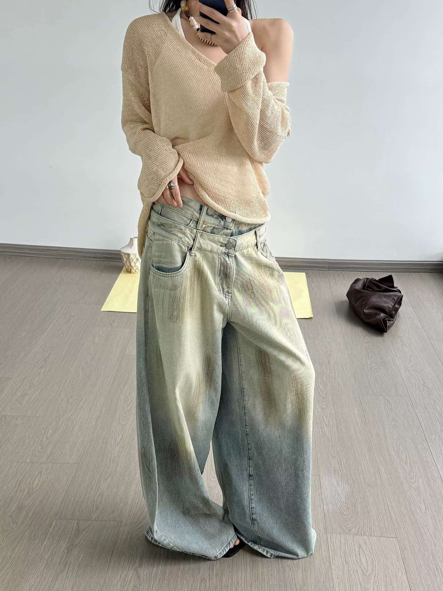 아메리칸 데님 바쁜 레트로 홀치기 염색 마 오래된 스트레이트 청바지 남녀 가을 높음 거리 루즈핏 캐주얼 슬림해 보이는 긴 바지 상세 이미지 8