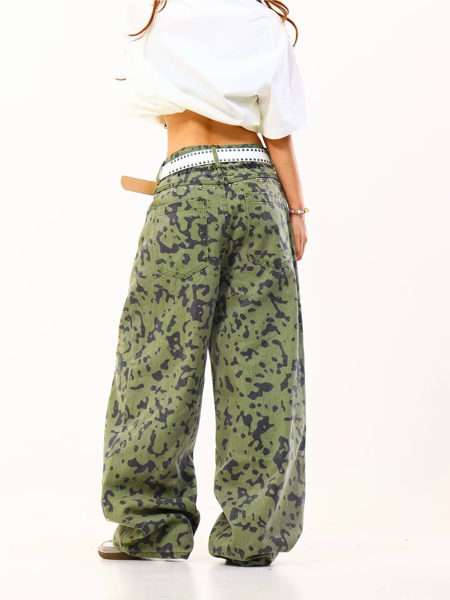 디자인 센스 음악 완방 새로운 아메리칸 레트로 레오파드 무늬 넓은 다리 다용도 캐주얼 바지 아이들 루즈핏 스트레이트 바닥 청소 바지 상세 이미지 7