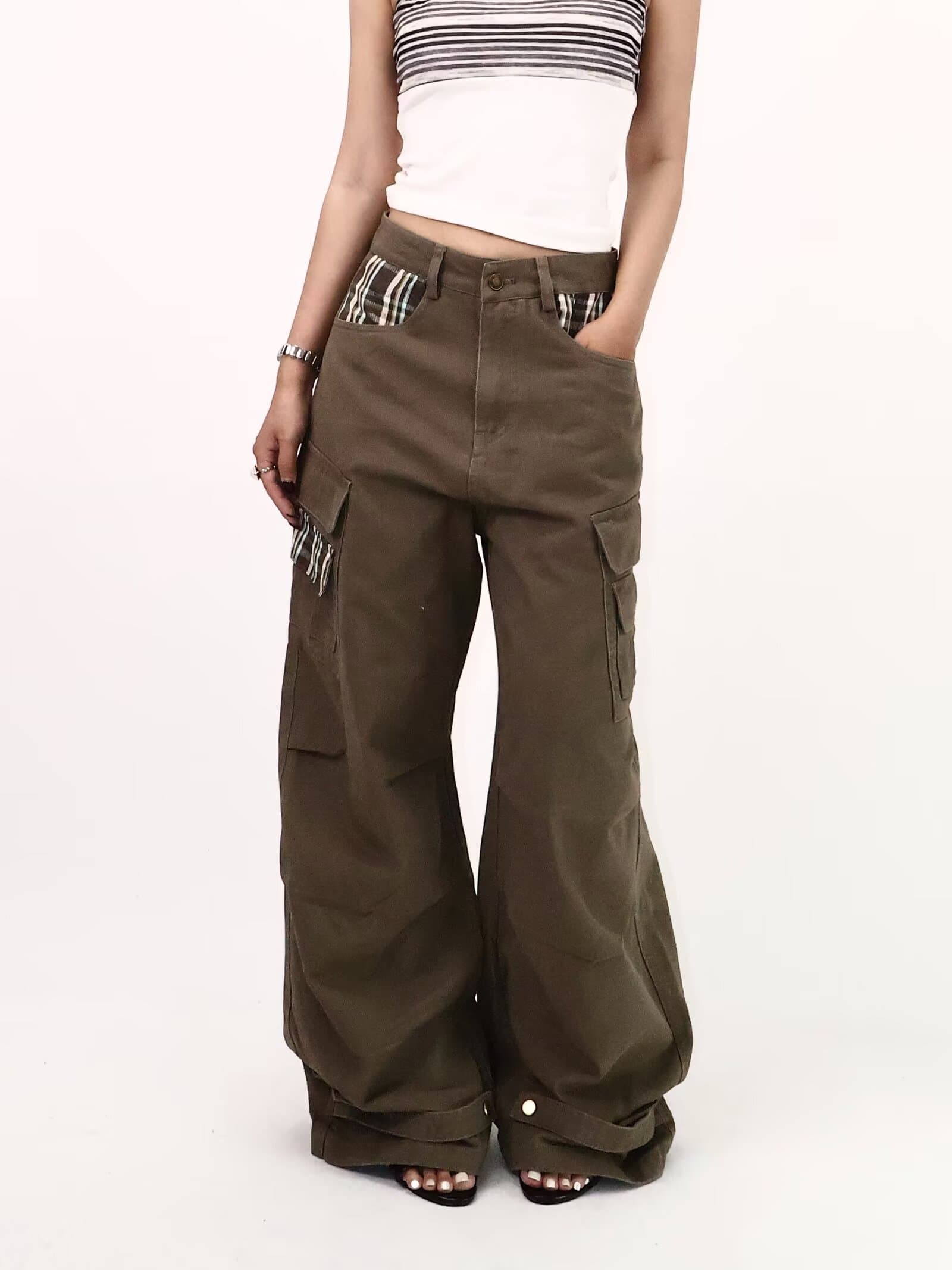 아메리칸 ootd 레트로 아름다움 라드. 브라운 낙하산 병 워크웨어 팬츠 여성 봄 가을 루즈핏 스트레이트 와이드 레그 팬츠 바닥 청소 바지 상세 이미지 3