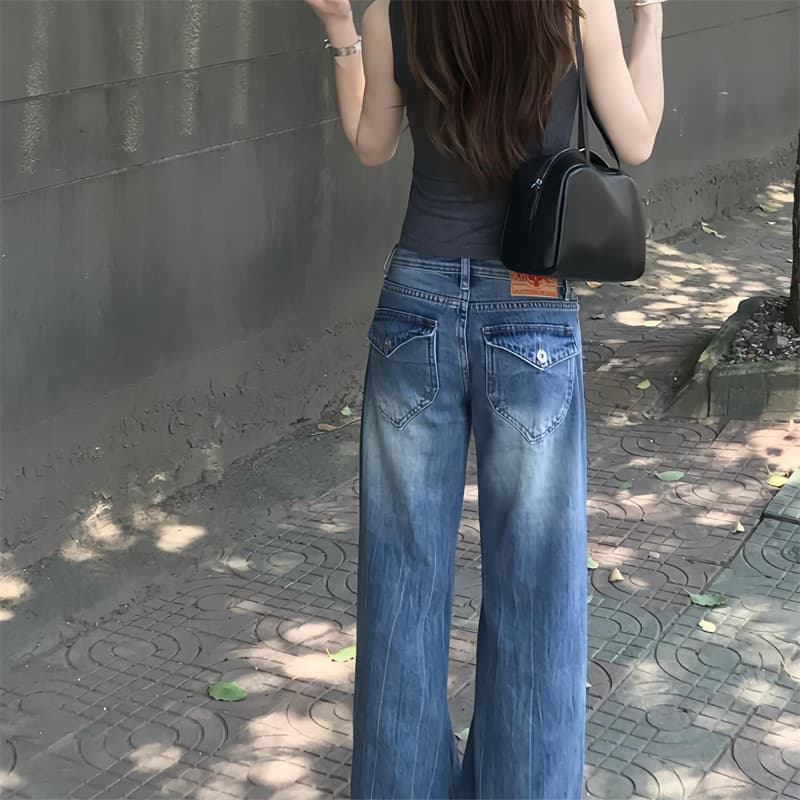 2026 새로운 bf 느긋한 바람 워싱 레트로 블루 청바지 바닥 청소 슬림해 보이는 얇은 스타일 루즈핏 하이웨이스트 스트레이트 넓은 다리 이미지 5