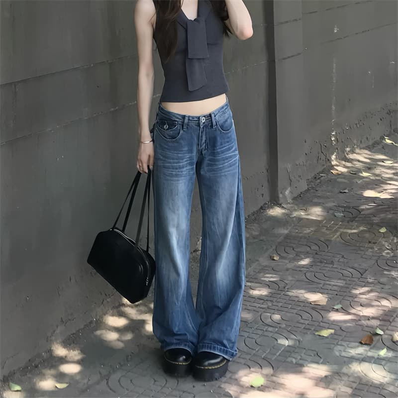2026 새로운 bf 느긋한 바람 워싱 레트로 블루 청바지 바닥 청소 슬림해 보이는 얇은 스타일 루즈핏 하이웨이스트 스트레이트 넓은 다리 이미지 2