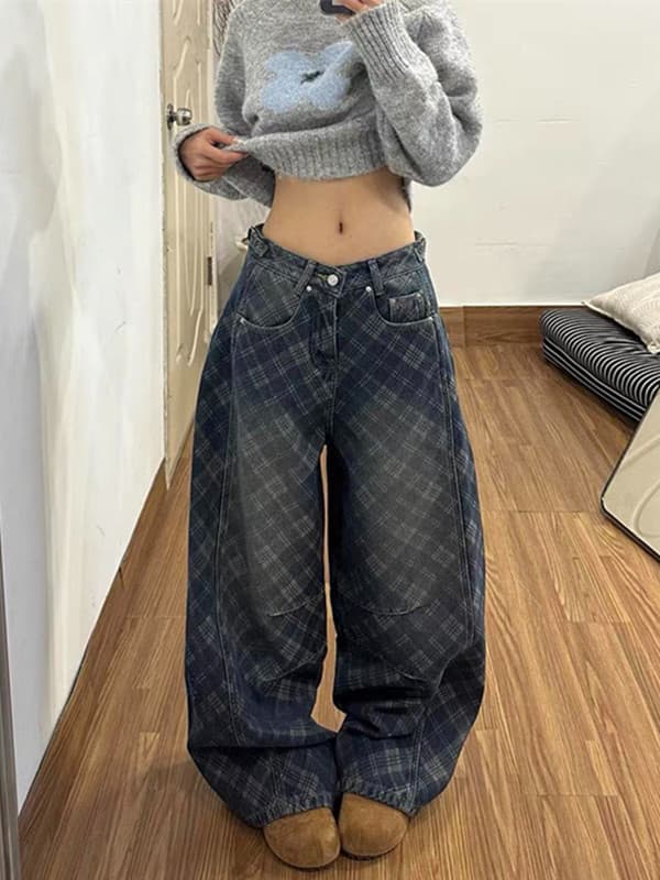 아메리칸 레트로 체크무늬 모통이 칼 청바지 서해안 아메리칸 바지 높음 거리 vibe 벨트 수 있습니다. 조정 워크웨어 팬츠