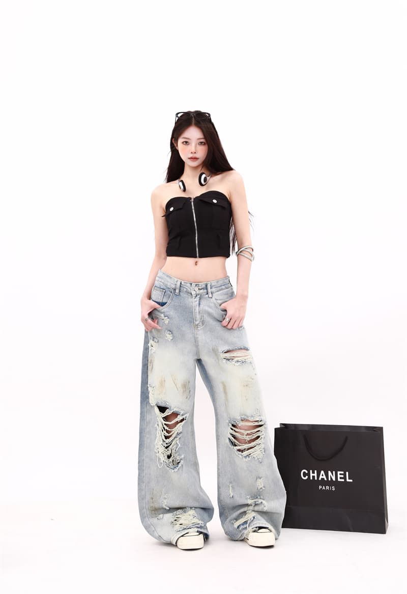 실사 아메리칸 레트로 더러운 염색 찢어진 부분 청바지 가을 불모지 바람 마 오래된 루즈핏 넓은 다리 잉글랜드 롱 바지 상세 이미지 11