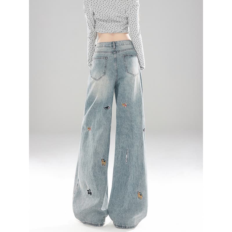 아메리칸 트렌디 鲤 고유 한 강아지 자수 넓은 다리 청바지 여성 가을 얇은 스타일 배 모양 도루 센스 루즈핏 스트레이트 바지 상세 이미지 5