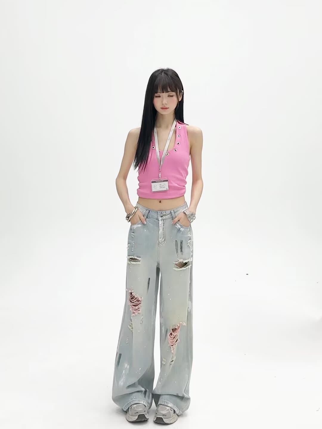 아메리칸 주오 에 따르면 로우 웨이스트 디자인 센스 파란색 찢어진 부분 청바지 여성 가을 새로운 루즈핏 마 오래된 넓은 다리 길이 바지 상세 이미지 1