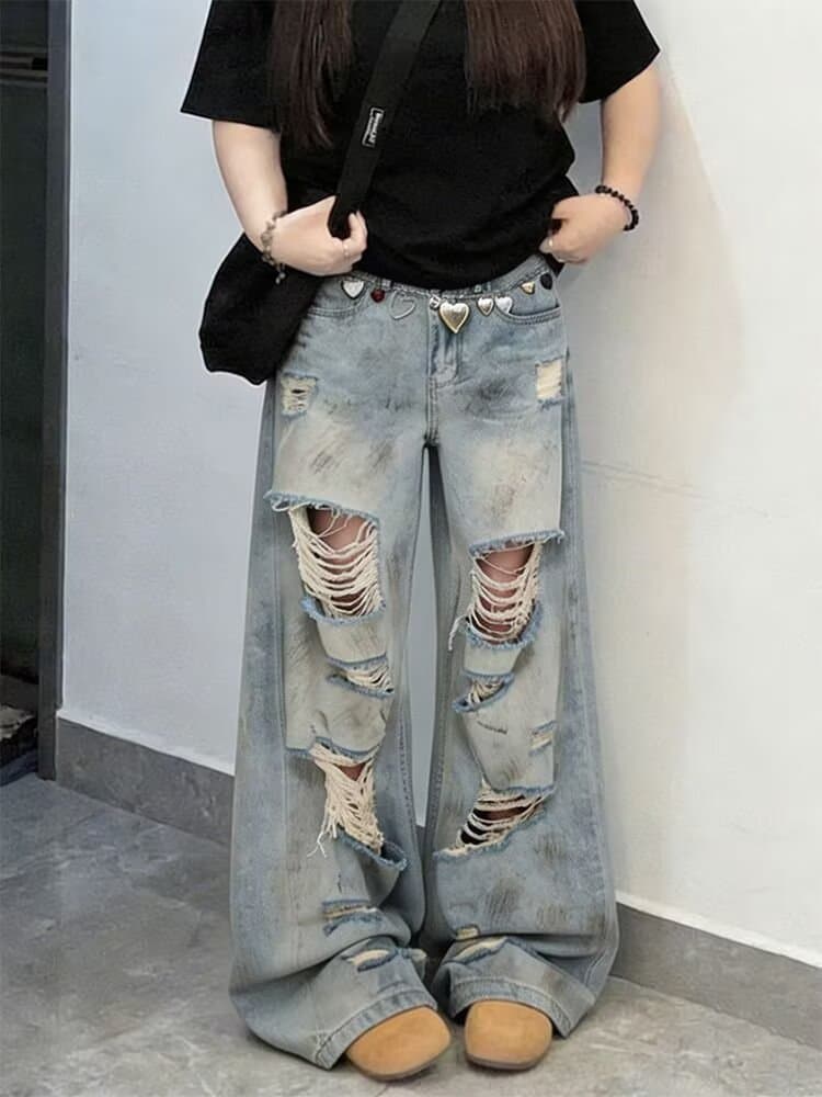 높음 거리 주오 에 따르면 잉글랜드 개성 찢어진 부분 하늘색 청바지 여성 봄 가을 2026 하이웨이스트 슬림해 보이는 스트레이트 바닥 청소 바지 상세 이미지 8