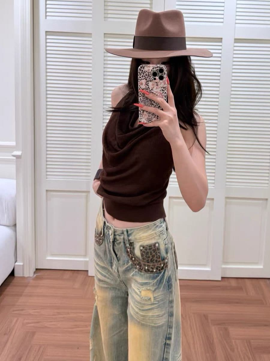 새로운 아메리칸 레트로 패치워크 레오파드 무늬 작은 대중 루즈핏 넓은 다리 여성 청바지 이미지 2