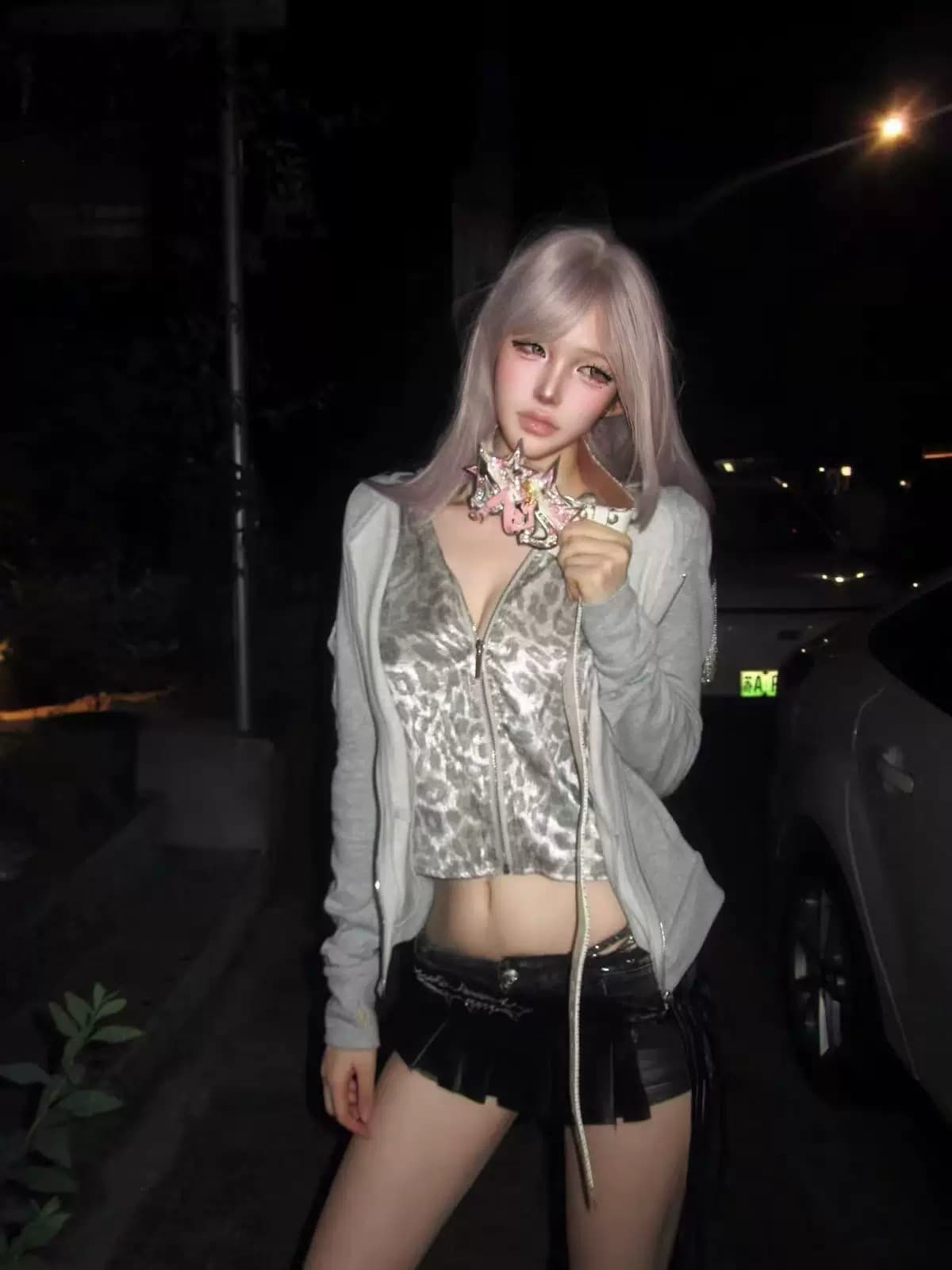 아메리칸 켜기 기호 페이크 레이어드 이중층 은 제직 레오파드 무늬 몸매 가꾸기 긴팔 후드 티 스웨터 여성 짧은 재킷 봄 가을 상세 이미지 5