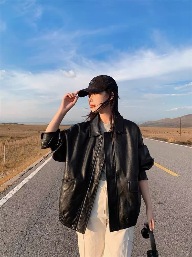 아메리칸 용 Sheng 고급 센스 레트로 가죽 재킷 재킷 여자 디자인 지퍼 오픈 가디건 루즈핏 작은 키 재킷 맨위 상세 이미지 11