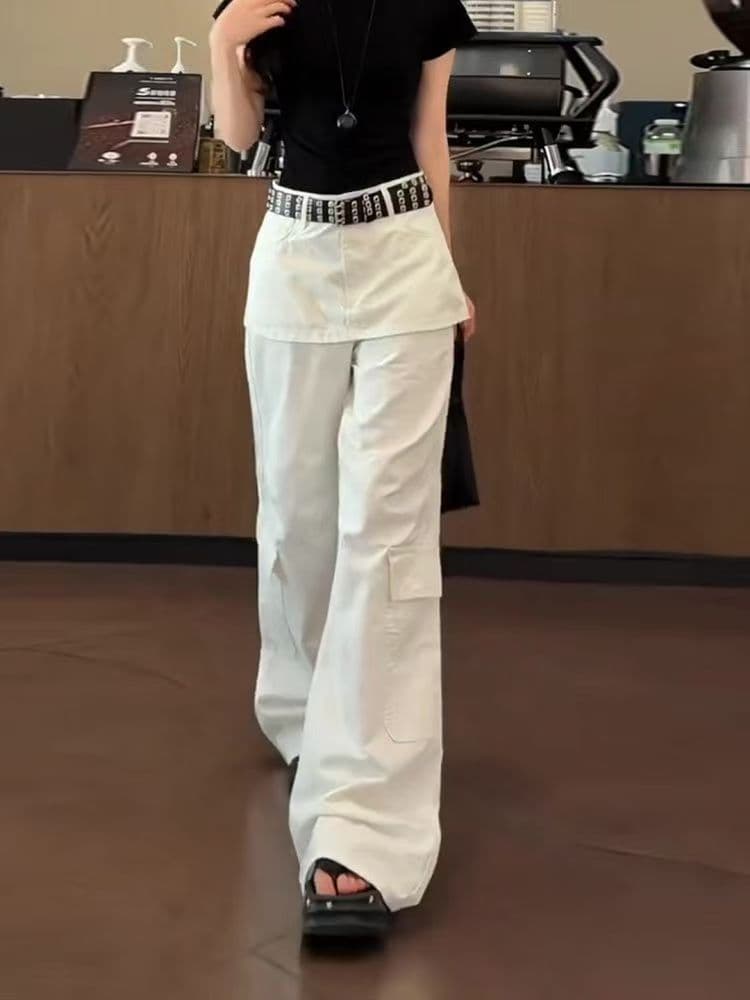 페이크 레이어드 소란스런 소리를 내며 움직이다 바보 회의 레트로 워크웨어 청바지 여성 여름 새로운 하이웨이스트 디자인 센스 표지 넓적 다리 빅 포켓 와이드 레그 팬츠 상세 이미지 4