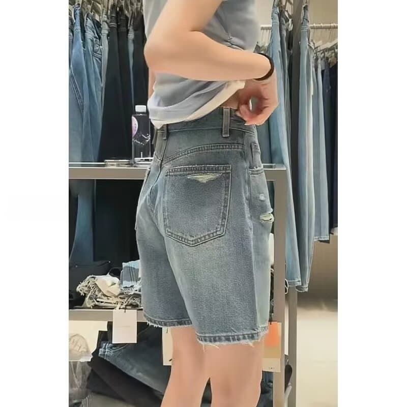 데님 반바지 건강 정직한 새로운 여성 여름 얇은 스타일 5 점 와이드 레그 팬츠 파란색 하이웨이스트 찢어진 부분 없음 폭탄 한 마디 바지 이미지 2