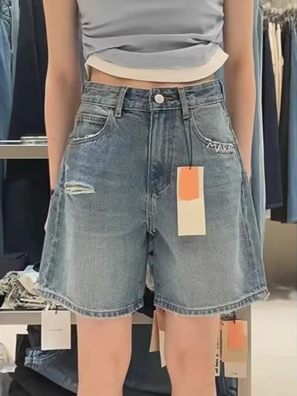 데님 반바지 건강 정직한 새로운 여성 여름 얇은 스타일 5 점 와이드 레그 팬츠 파란색 하이웨이스트 찢어진 부분 없음 폭탄 한 마디 바지