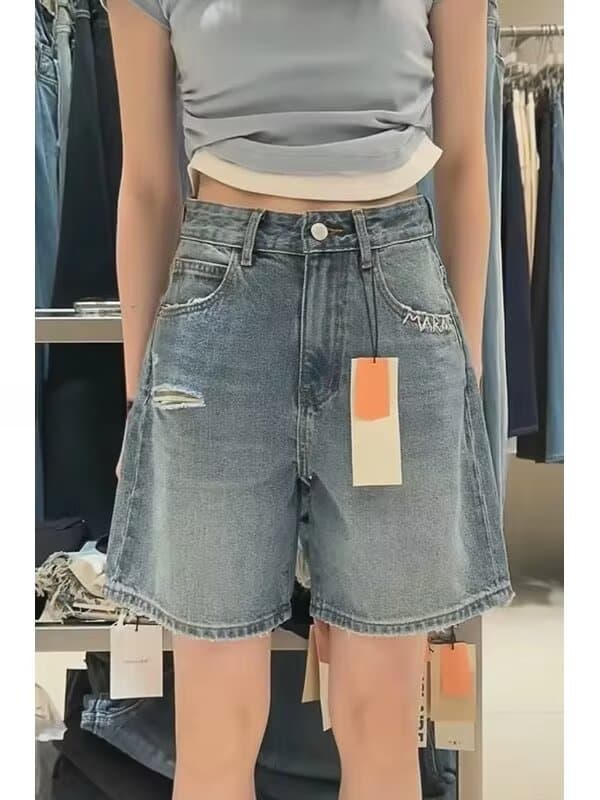 데님 반바지 건강 정직한 새로운 여성 여름 얇은 스타일 5 점 와이드 레그 팬츠 파란색 하이웨이스트 찢어진 부분 없음 폭탄 한 마디 바지 상세 이미지 4