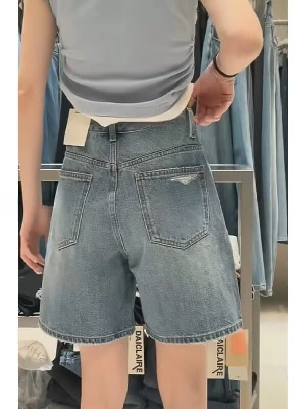 데님 반바지 건강 정직한 새로운 여성 여름 얇은 스타일 5 점 와이드 레그 팬츠 파란색 하이웨이스트 찢어진 부분 없음 폭탄 한 마디 바지 상세 이미지 5