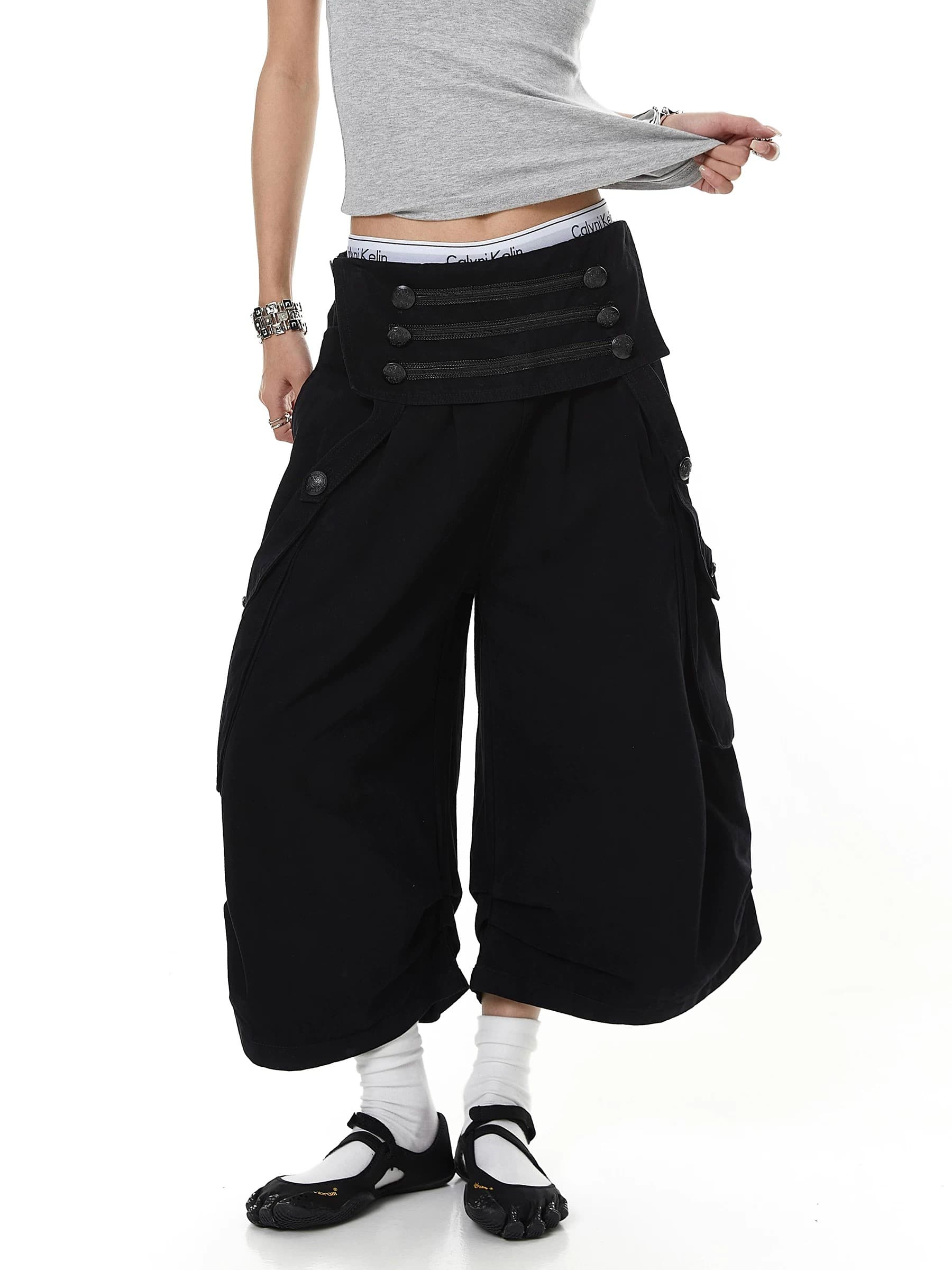 아메리칸 새로운 개념 궁정 바람 해체 뒤집다 허리 단추 워크웨어 7부 바지 남녀 여름 빅 포켓 넓은 다리가 짧다. 바지 상세 이미지 15