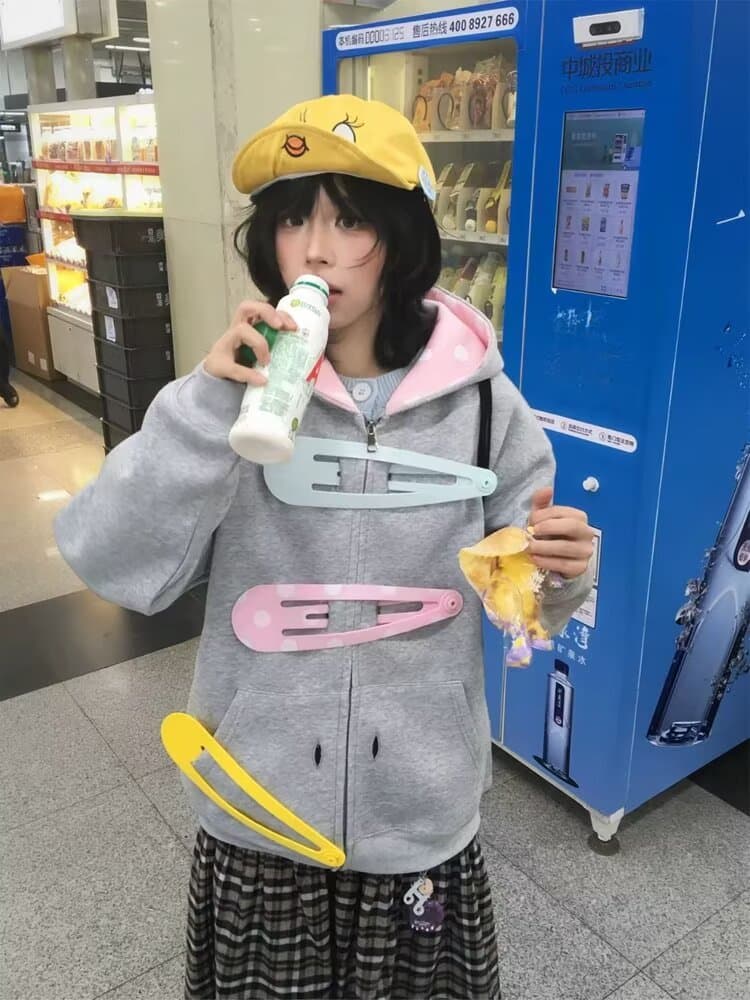 2026 아방가르드 가을 겨울 국가 트렌디 재미있는 디자인 대 헤어 클립 후드티 오픈 가디건 느긋한 다용도 지퍼 모자 셔츠 재킷 상세 이미지 7