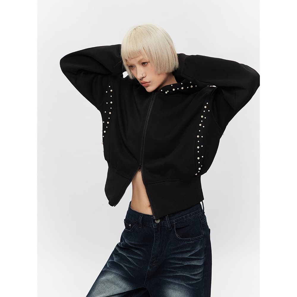 봄 가을 검은 옷 아메리칸 작은 대중 디자인 못 진주 쇼트 스타일 후드 여성 코트 레트로 몸매 가꾸기 재킷 오픈 가디건 후드티 상세 이미지 18