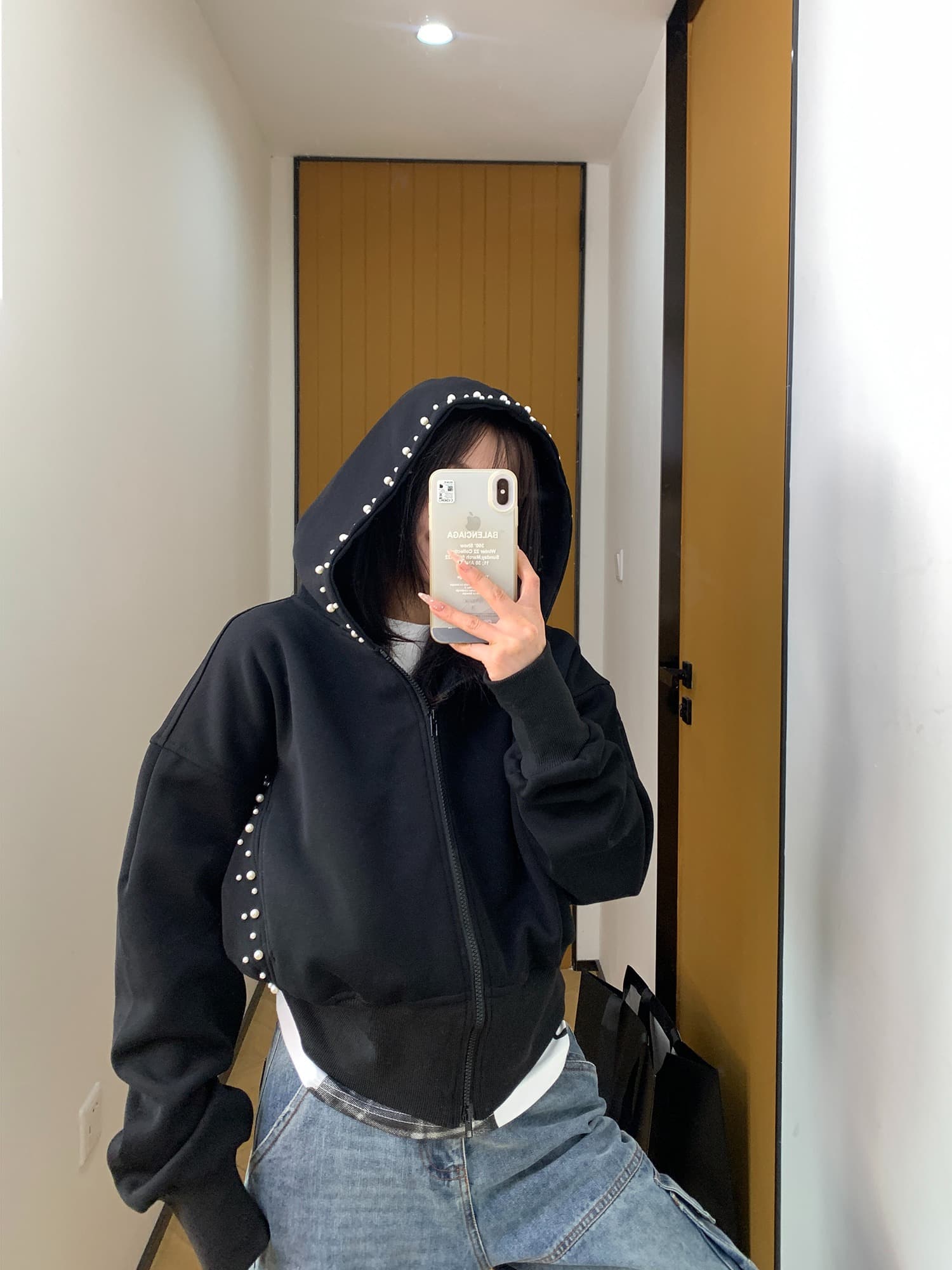 봄 가을 검은 옷 아메리칸 작은 대중 디자인 못 진주 쇼트 스타일 후드 여성 코트 레트로 몸매 가꾸기 재킷 오픈 가디건 후드티 이미지 2