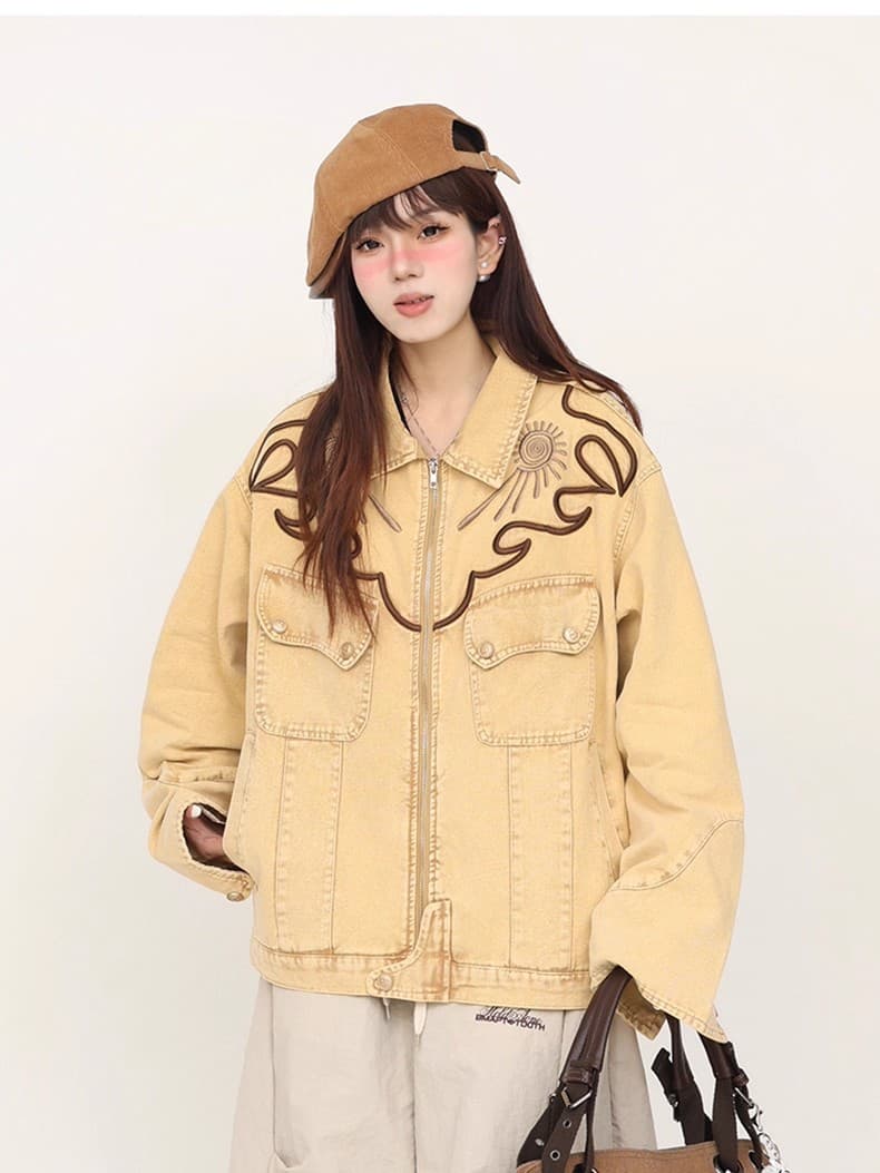 아메리칸 높음 거리 자수 워싱 무거운 데님 재킷 남녀 봄 가을 레트로 vintage 작은 대중 재킷 커플 상세 이미지 7