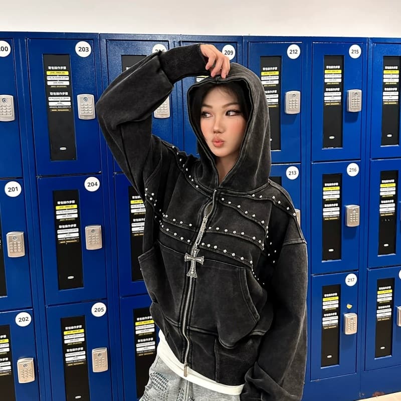아메리칸 레트로 마 오래된 징 장식 2026 워싱 허리 수축 후드 티 스웨터 여성 높음 거리 다용도 카디건 코트 이미지 3
