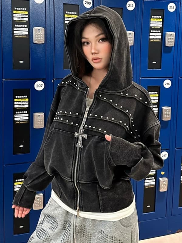 아메리칸 레트로 마 오래된 징 장식 2026 워싱 허리 수축 후드 티 스웨터 여성 높음 거리 다용도 카디건 코트