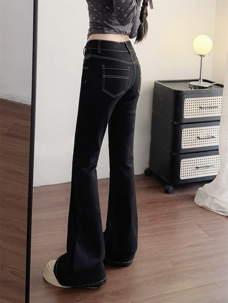실사 아메리칸 레트로 검정색 로우 웨이스트 부츠컷 청바지 새로운 가을 아니요 막대기 다리 호스 슈 나팔 바지 상세 이미지 2