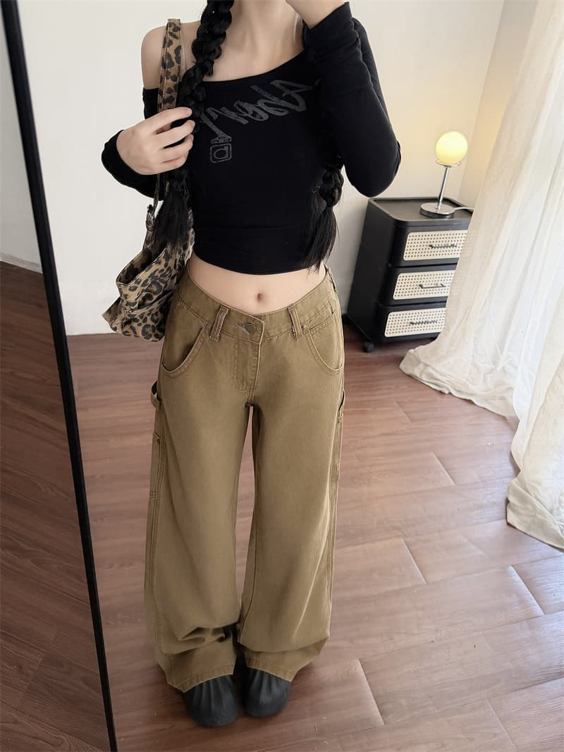 실사 아메리칸 카키 색 워크웨어 청바지 여성 가을 하이웨이스트 루즈핏 스트레이트 넓은 다리 바닥 청소 모통이 칼 긴 바지 상세 이미지 8
