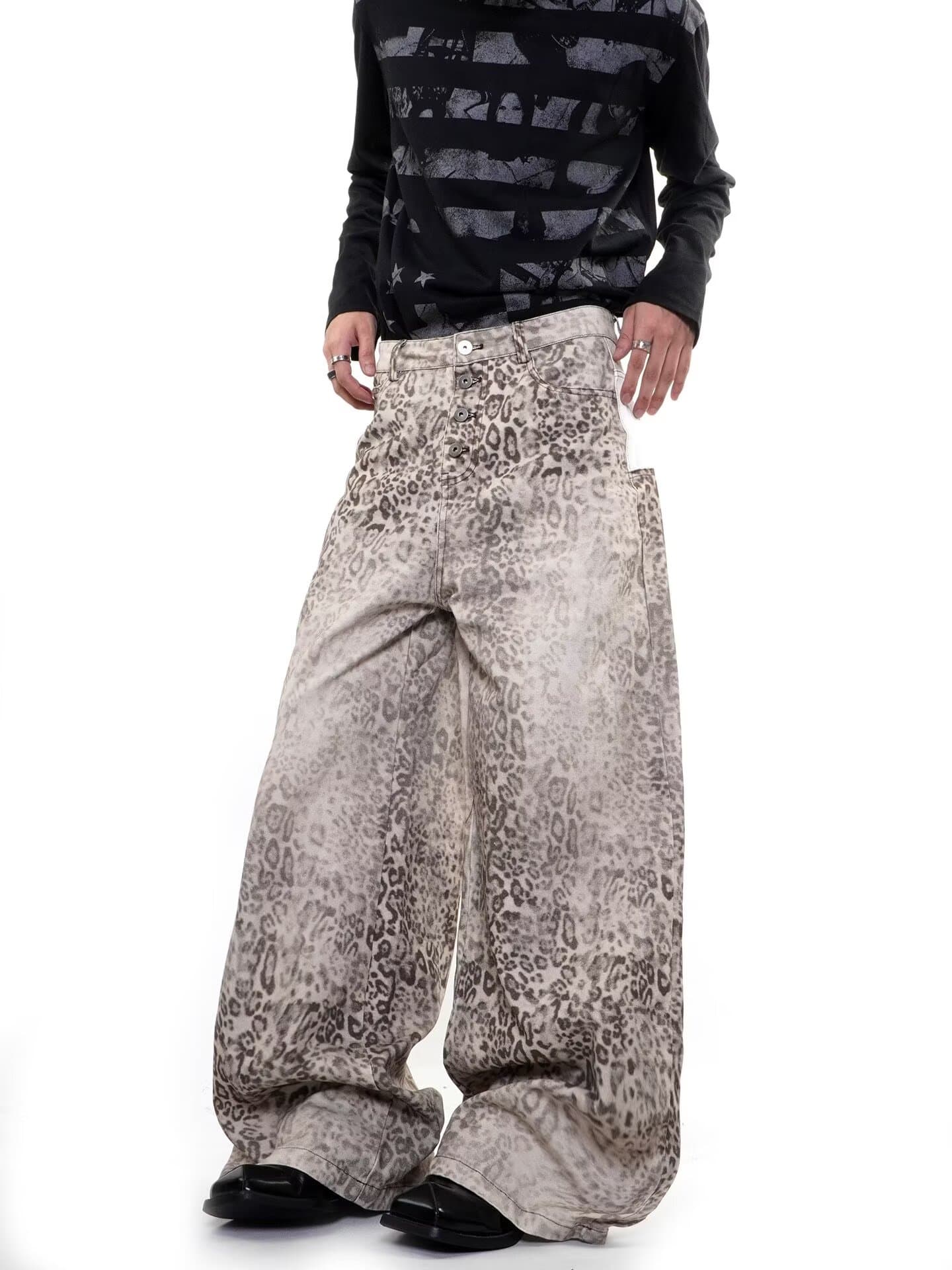 넓은 다리 ootd 청바지 여성 봄 가을 겨울 아메리칸 높음 거리 레트로 레오파드 무늬 하이웨이스트 루즈핏 도루 센스 캐주얼 긴 바지 상세 이미지 4