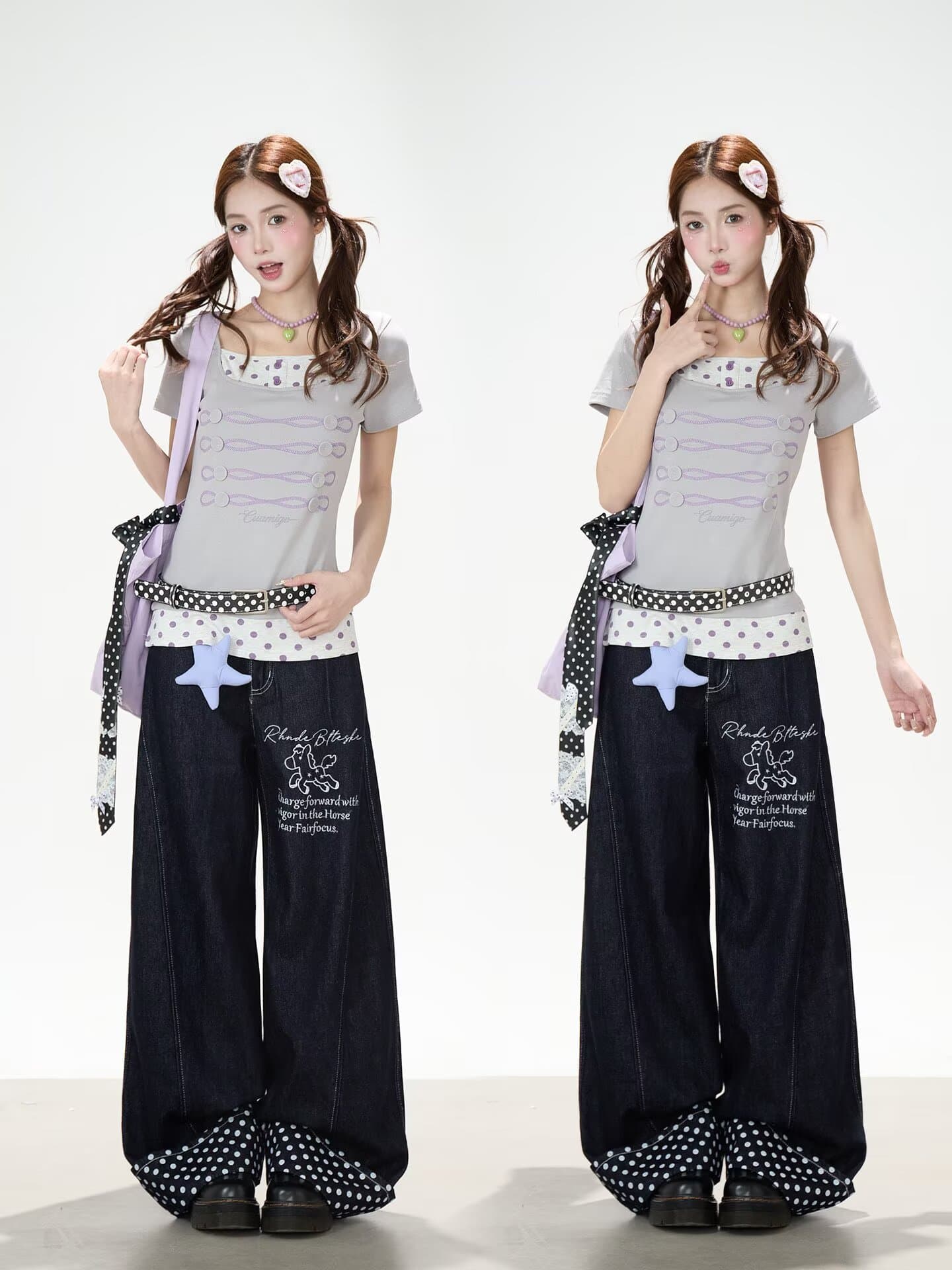 아메리칸 ootd 디자인 센스 도트 무늬 전체 인쇄 작은 말 자수 스트레이트 청바지 남녀 캐주얼 볼륨 측면 패치워크 긴 바지 이미지 4