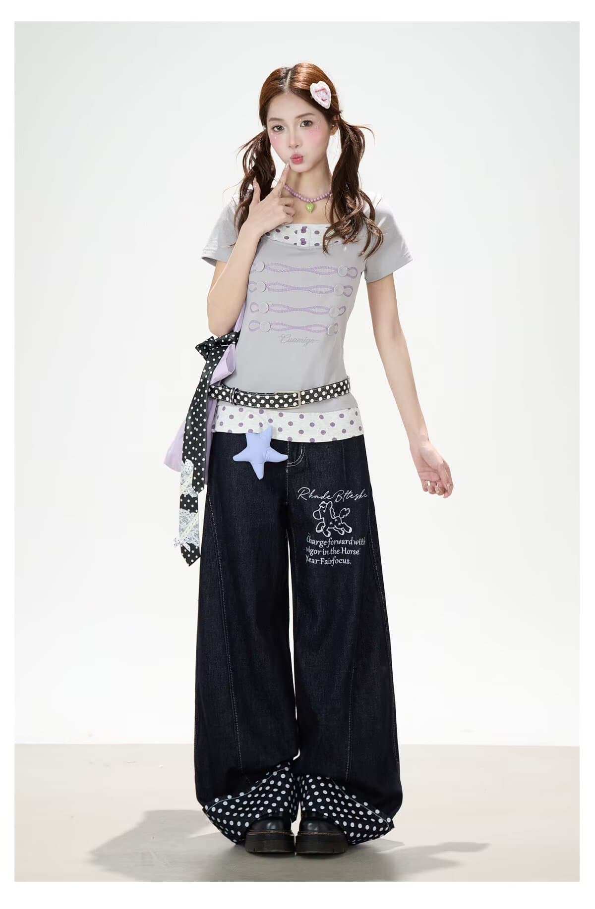 아메리칸 ootd 디자인 센스 도트 무늬 전체 인쇄 작은 말 자수 스트레이트 청바지 남녀 캐주얼 볼륨 측면 패치워크 긴 바지 상세 이미지 13