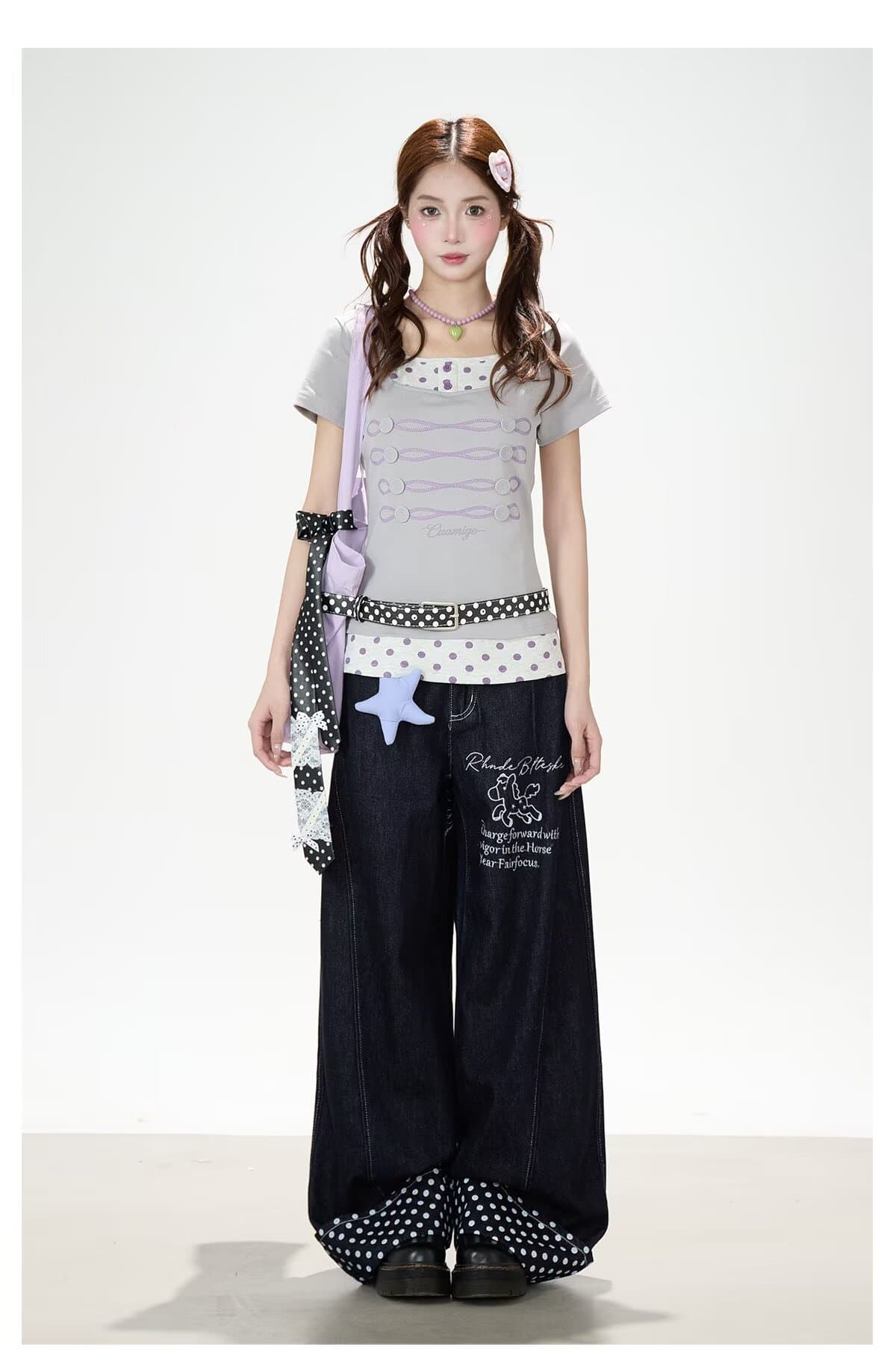 아메리칸 ootd 디자인 센스 도트 무늬 전체 인쇄 작은 말 자수 스트레이트 청바지 남녀 캐주얼 볼륨 측면 패치워크 긴 바지 상세 이미지 15