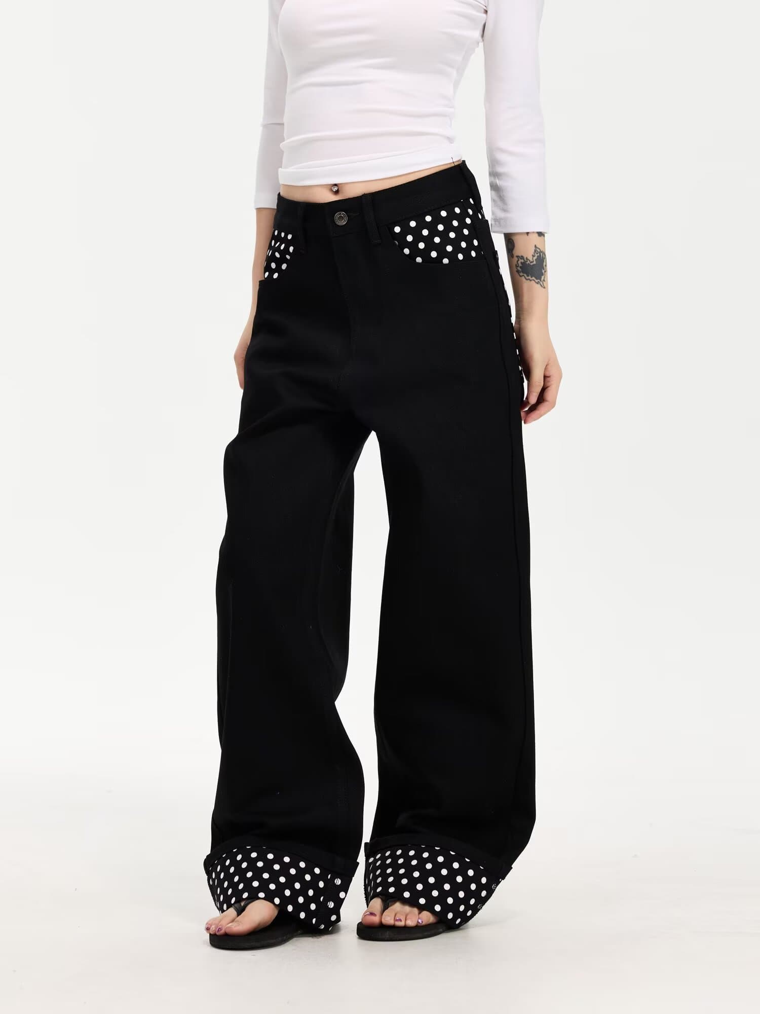 유럽과 미국 ootd 거리 잘 생긴 다크 바람 도트 무늬 패치워크 캐주얼 청바지 여성 루즈핏 슬림해 보이는 스트레이트 와이드 레그 팬츠 상세 이미지 3