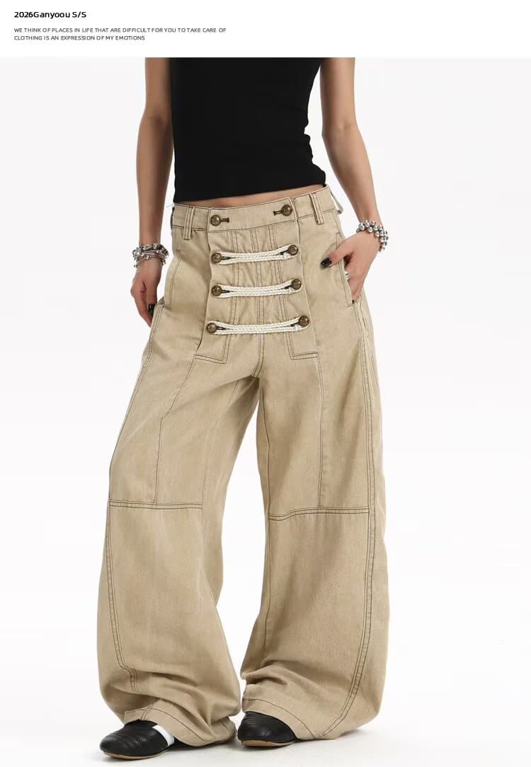 아메리칸 ootd 레트로 해체 기타 행 로프 버클 솔루션 디자인 청바지 남녀 높음 거리 루즈핏 일 와이드 다리 길이 바지 상세 이미지 19