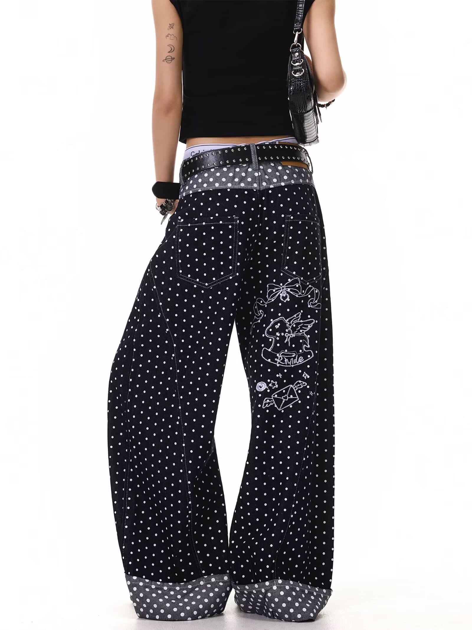 아메리칸 ootd 디자인 센스 도트 무늬 전체 인쇄 자수 넓은 다리 청바지 남녀 미니멀리즘 다용도 캐주얼 ins 긴 바지 이미지 4