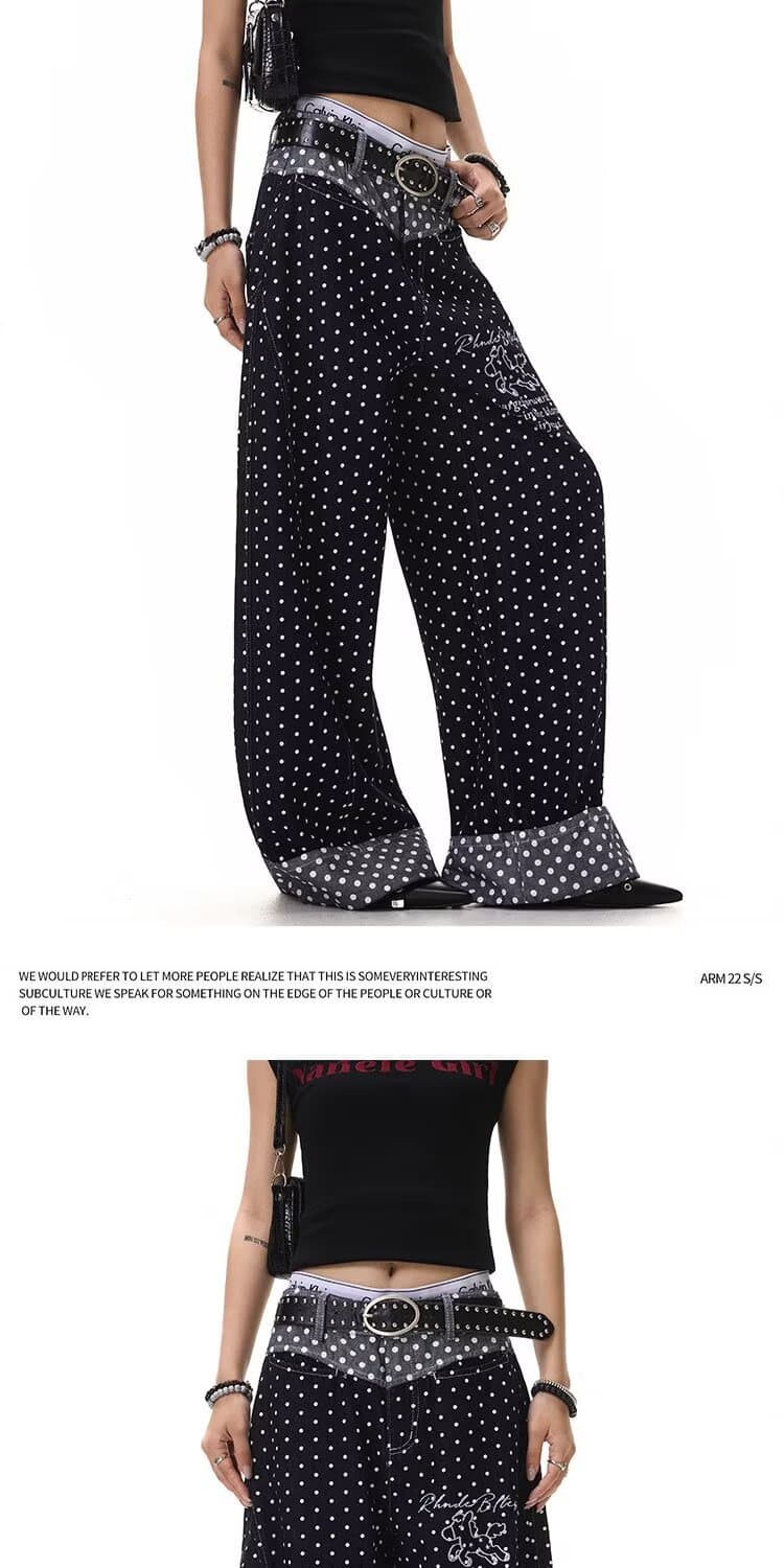 아메리칸 ootd 디자인 센스 도트 무늬 전체 인쇄 자수 넓은 다리 청바지 남녀 미니멀리즘 다용도 캐주얼 ins 긴 바지 상세 이미지 12