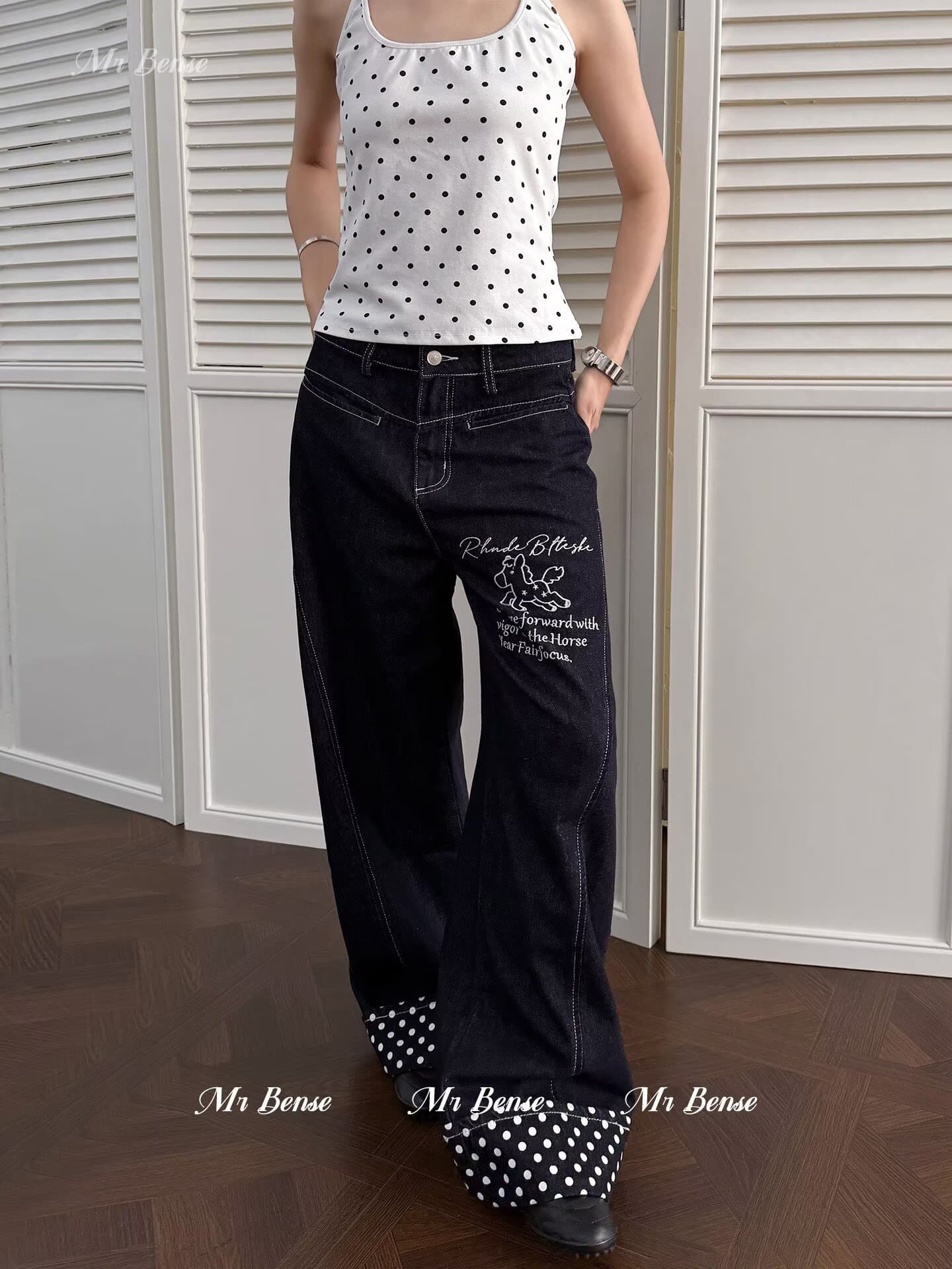 아메리칸 ootd 디자인 센스 도트 무늬 전체 인쇄 작은 말 자수 스트레이트 청바지 남녀 미니멀리즘 다용도 캐주얼 긴 바지 상세 이미지 13