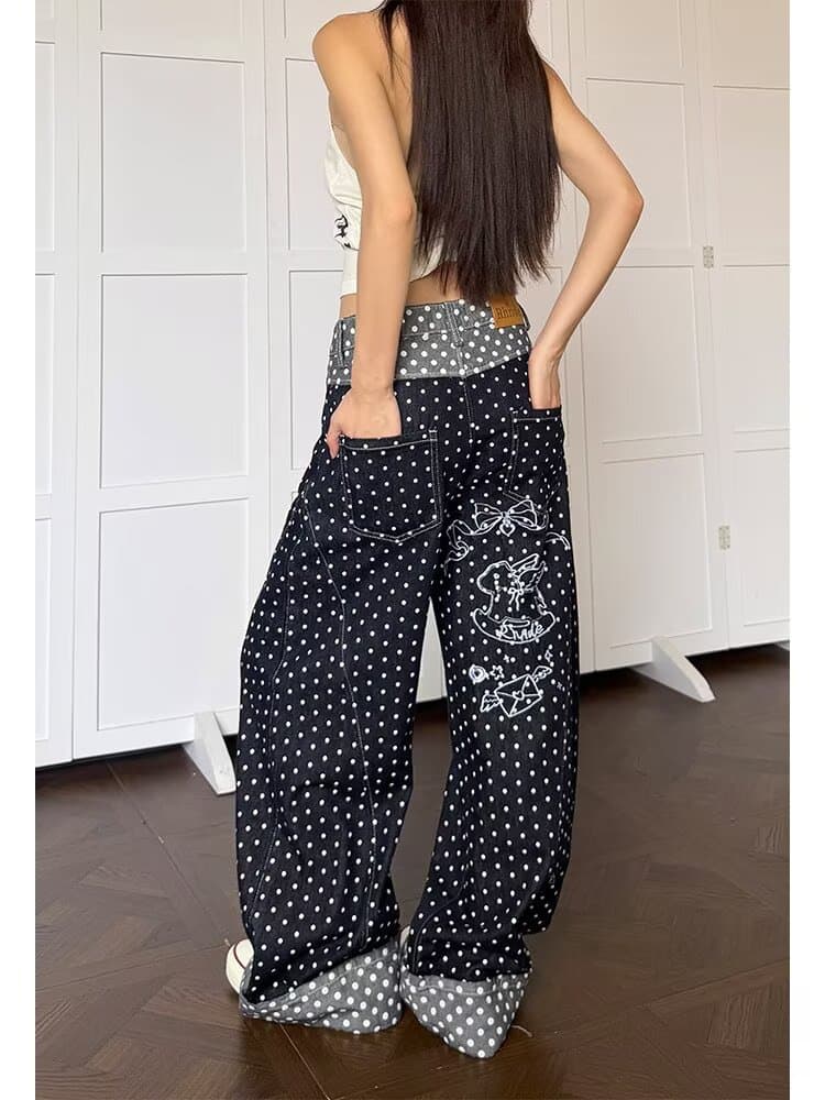아메리칸 ootd 디자인 센스 도트 무늬 전체 인쇄 자수 넓은 다리 청바지 남녀 미니멀리즘 다용도 캐주얼 ins 긴 바지 상세 이미지 10