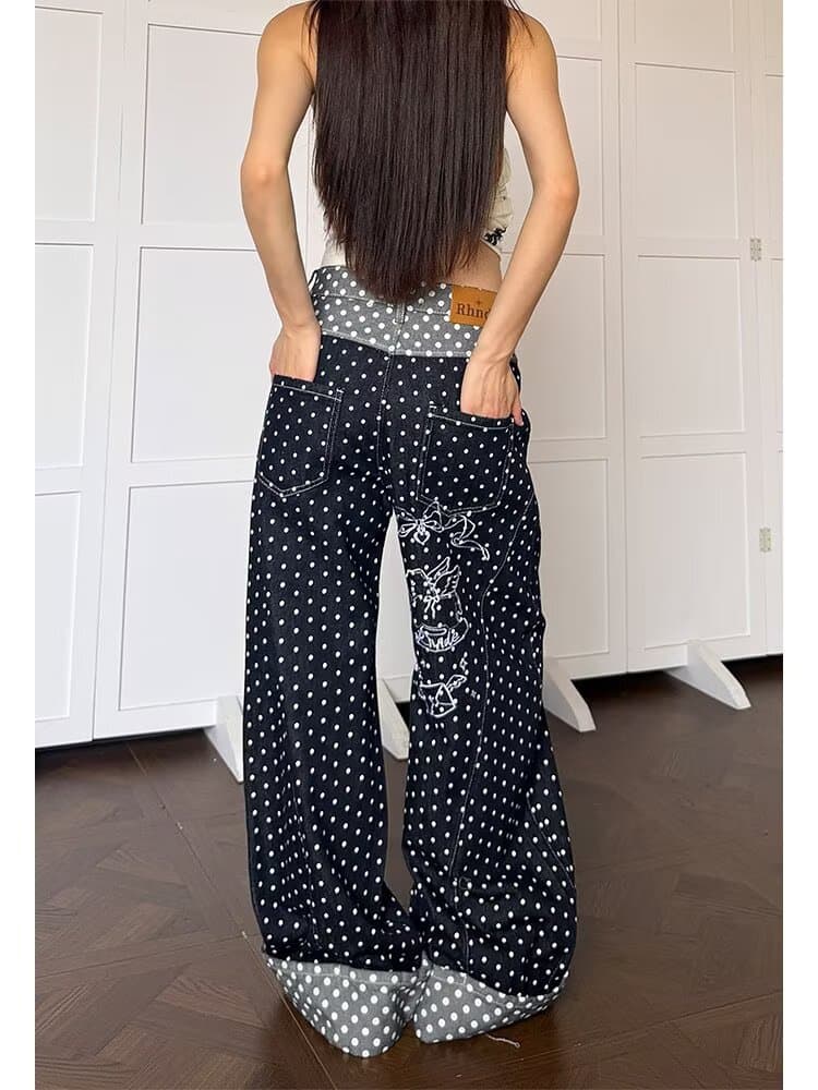 아메리칸 ootd 디자인 센스 도트 무늬 전체 인쇄 자수 넓은 다리 청바지 남녀 미니멀리즘 다용도 캐주얼 ins 긴 바지 상세 이미지 13