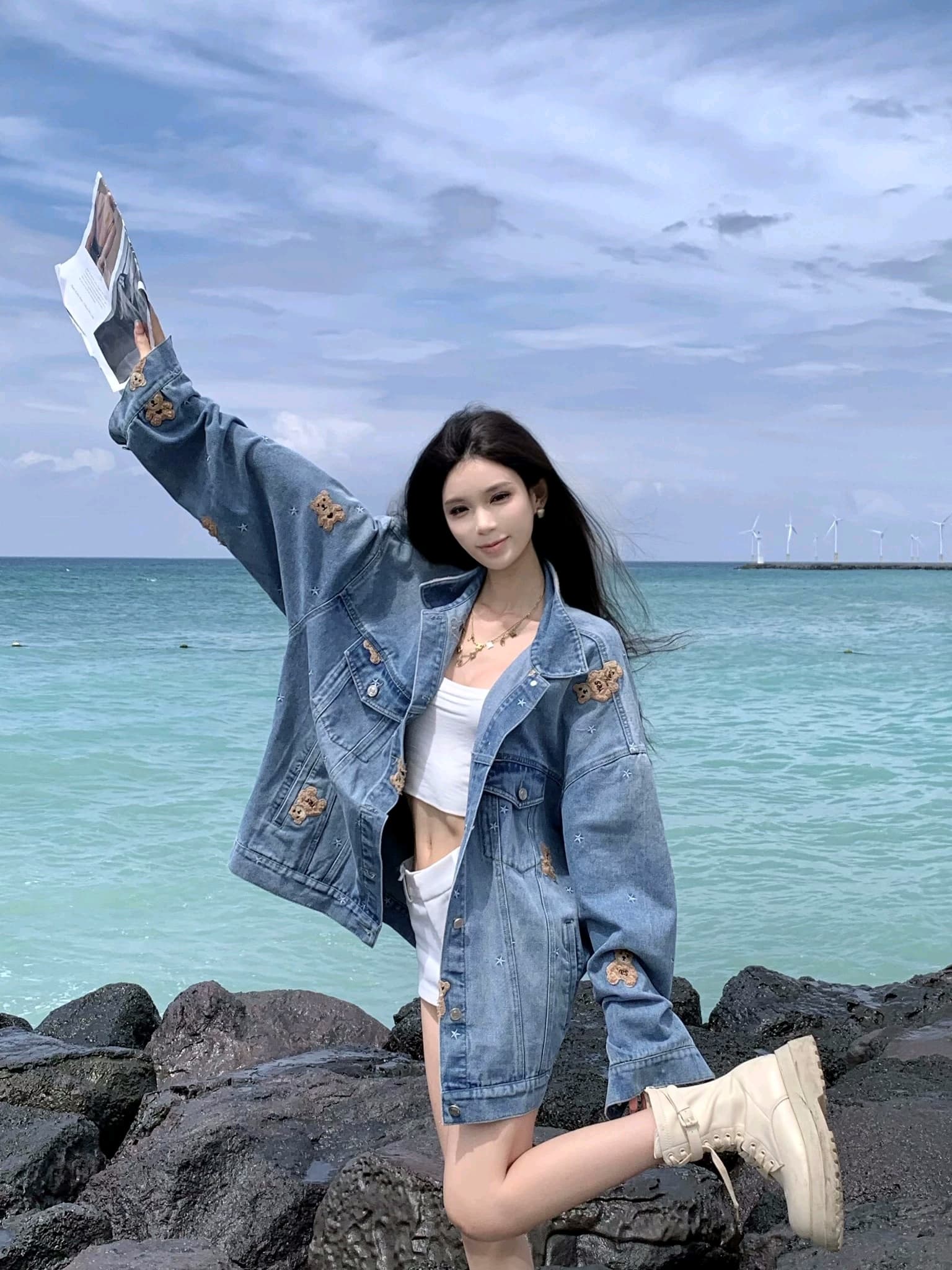 달콤한 새우 파이 휴가 주간 작은 곰 데님 재킷 가을 루즈핏 한국 스타일 레트로 캐주얼 패션 맨위 여성