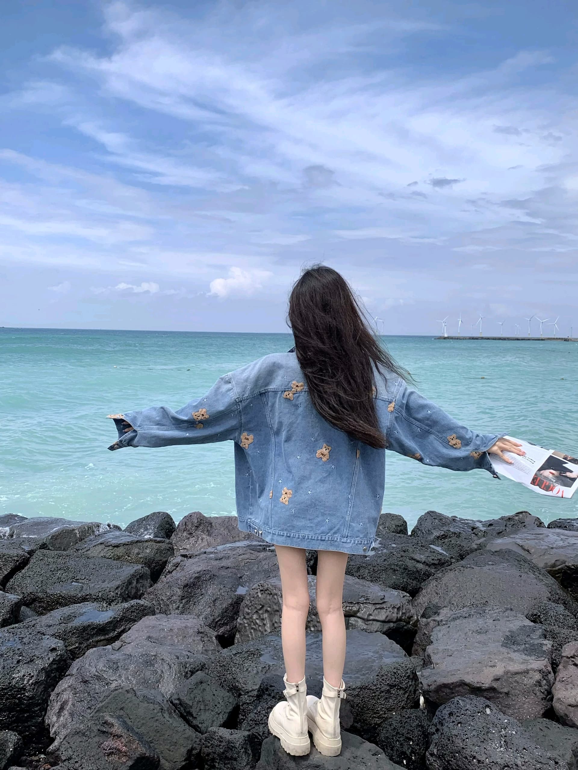 달콤한 새우 파이 휴가 주간 작은 곰 데님 재킷 가을 루즈핏 한국 스타일 레트로 캐주얼 패션 맨위 여성 이미지 3