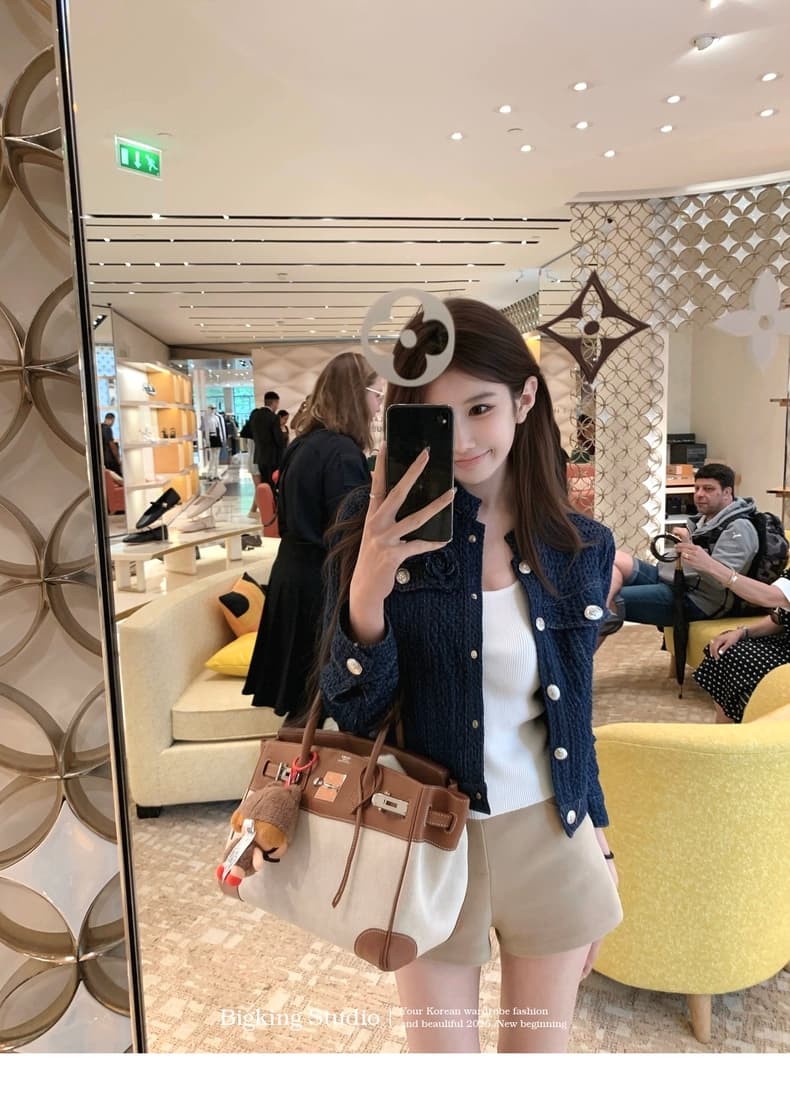 bigking 다이 킨 홈 파란색 데님 작은 샤넬 스타일 여성 가을 고급 센스 쇼트 스타일 재킷 재킷 켜기 벨트 브로치 상세 이미지 2