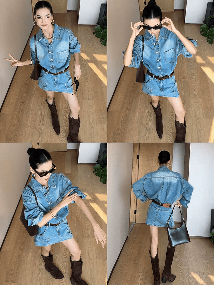 cizzlemore 레트로 워싱 루즈핏 셔츠 드레스 타이트 스커트 디자인 센스 패션 다용도 데님 여성 드레스