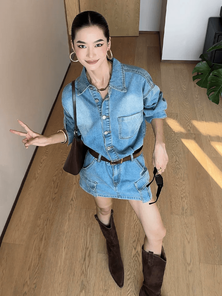 cizzlemore 레트로 워싱 루즈핏 셔츠 드레스 타이트 스커트 디자인 센스 패션 다용도 데님 여성 드레스 이미지 3