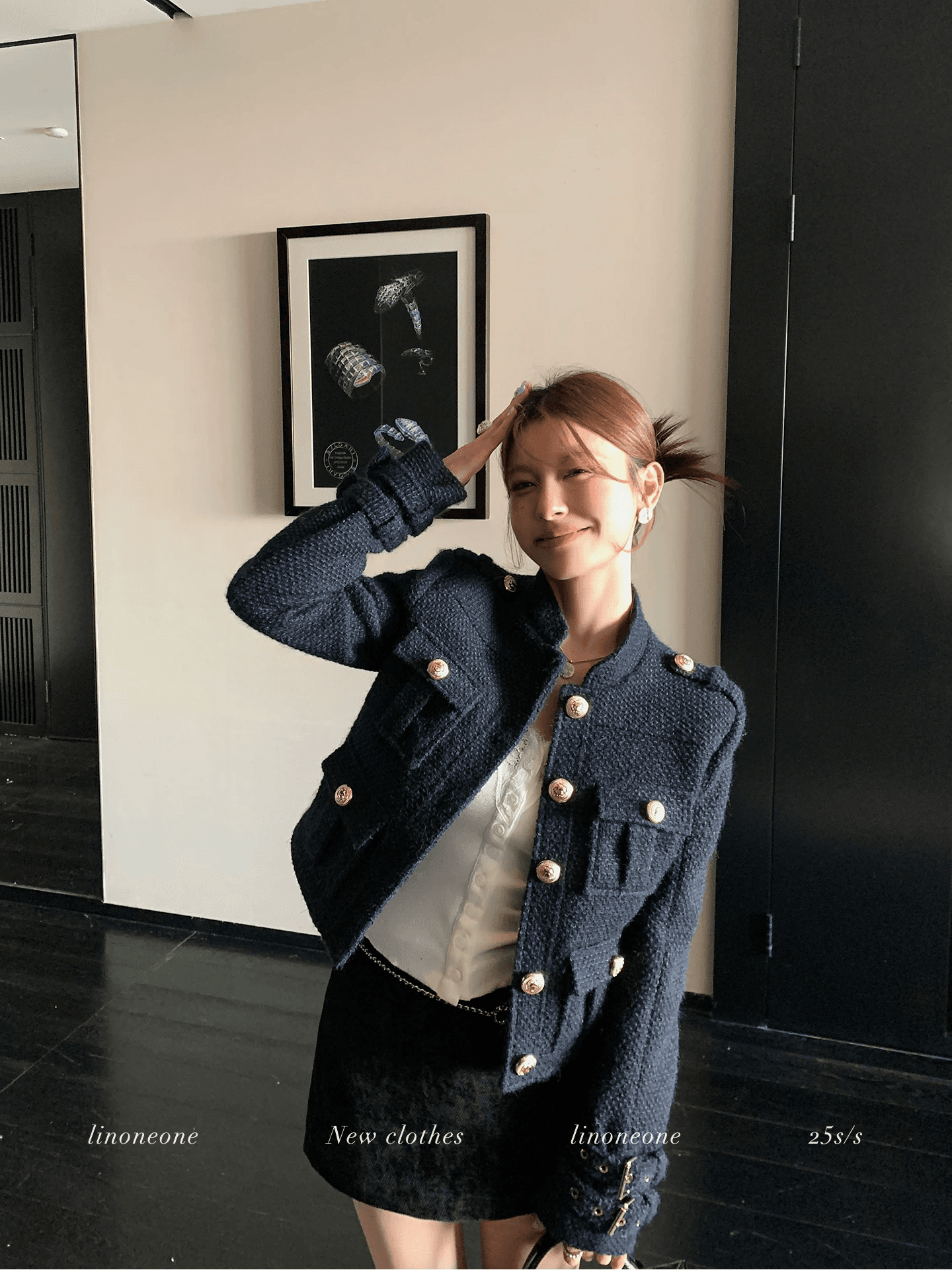 linoneone 플래티넘 바 서울 남자 디자인 센스 채볼 레트로 골드 버클 소매 袢 작은 샤넬 스타일 짧은 외투 이미지 4