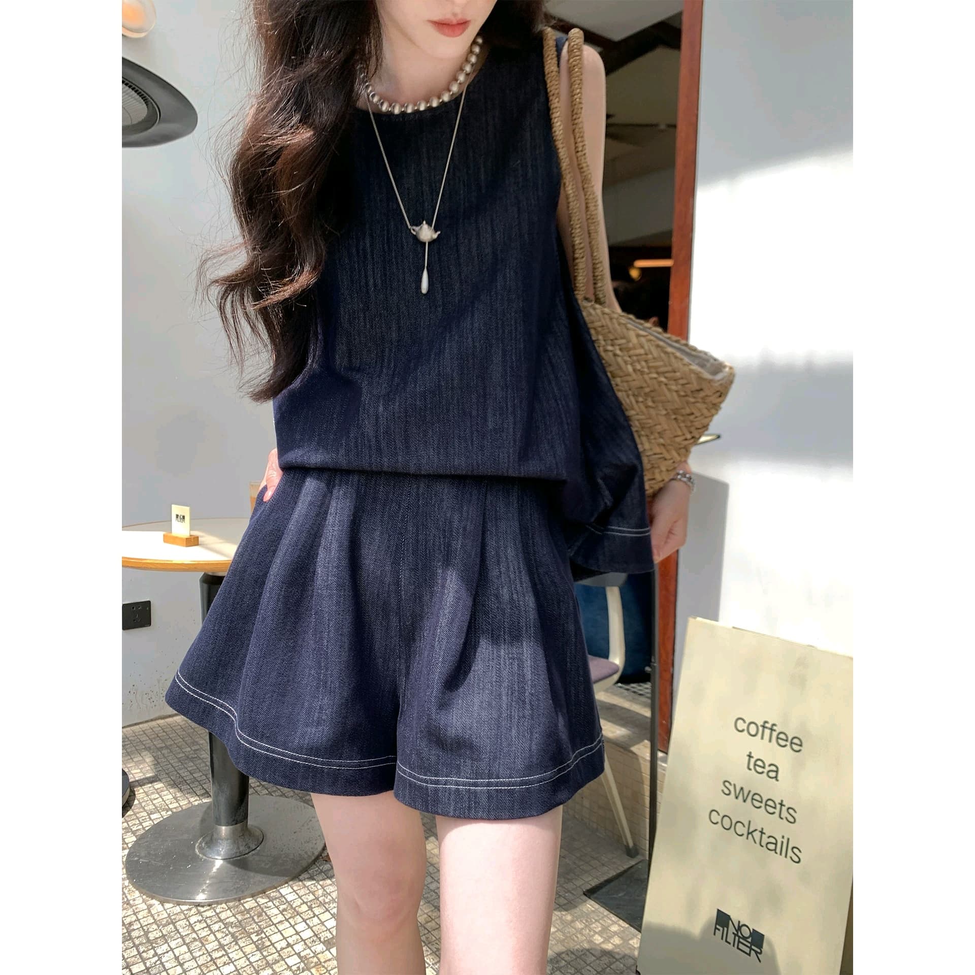 5 6 20 점 여름 시 酵素 워싱 데님 세트 캐주얼 라운드 넥 민소매 맨위 루즈핏 반바지 이미지 5