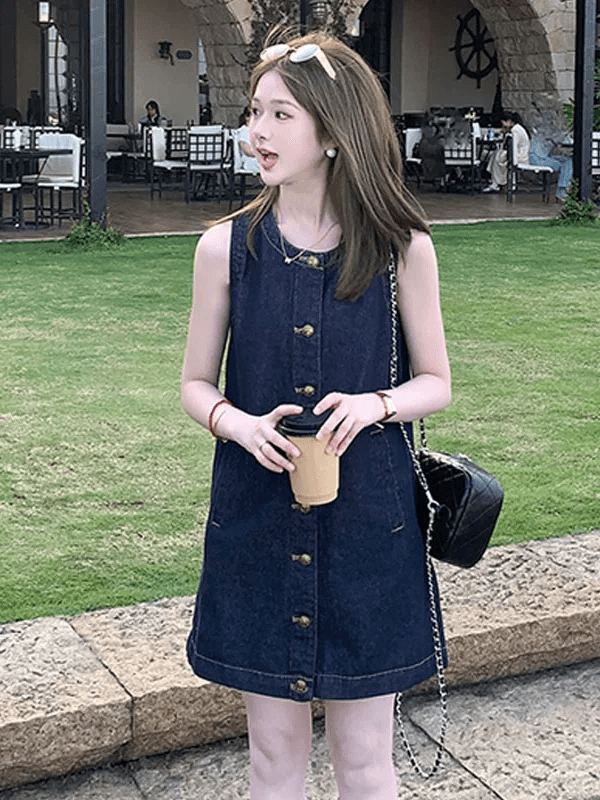 한국 스타일 레트로 품격 데님 단추 오픈 가디건 여성 드레스 여름 새로운 루즈핏 슬림해 보이는 민소매 조끼 치마 이미지 4